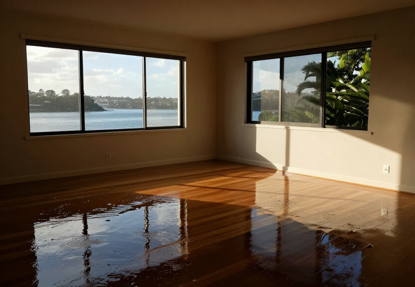 Flooded living room in Harrington Park home before restoration
