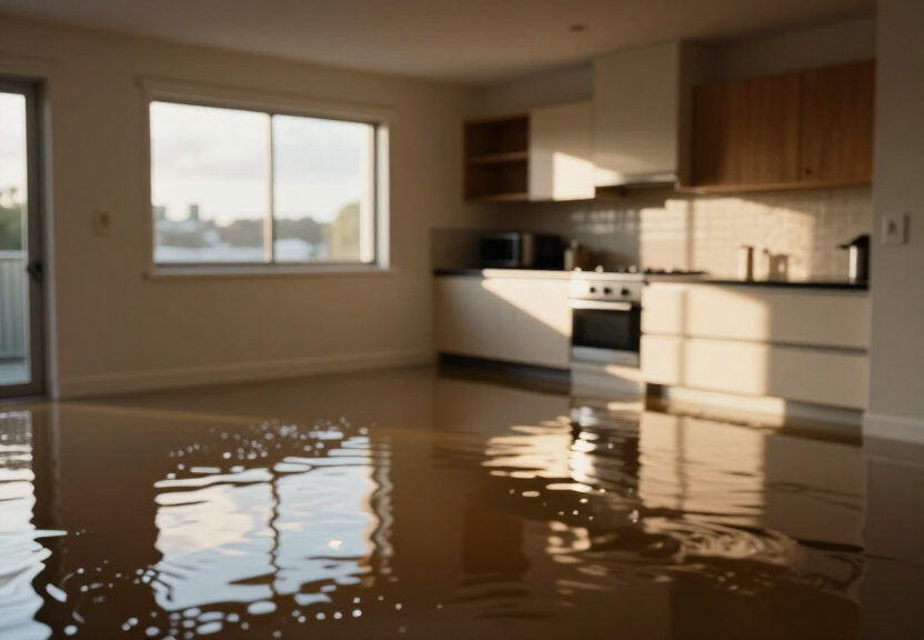 Flooded commercial space in Harrington Park before restoration